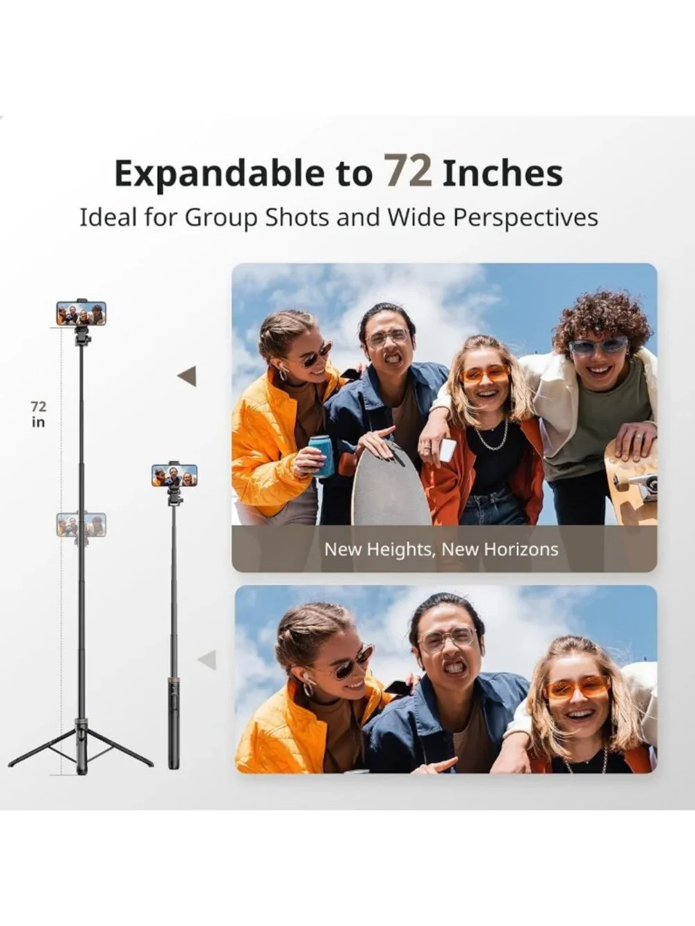 72” Extendable Tripod & Selfie Stick for All Smartphones, Detachable Phone